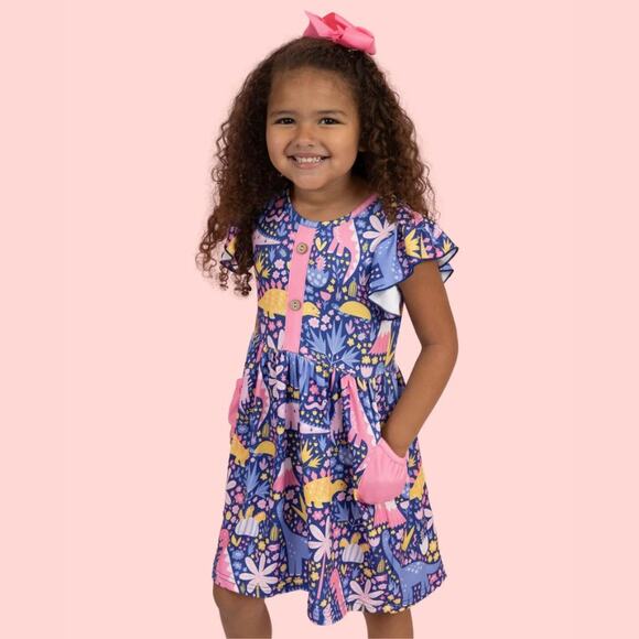 PETE + LUCY Darling Dinos Blue Ruffle Girls Boutique Dress NEW 4T Pockets - Picture 3 of 9